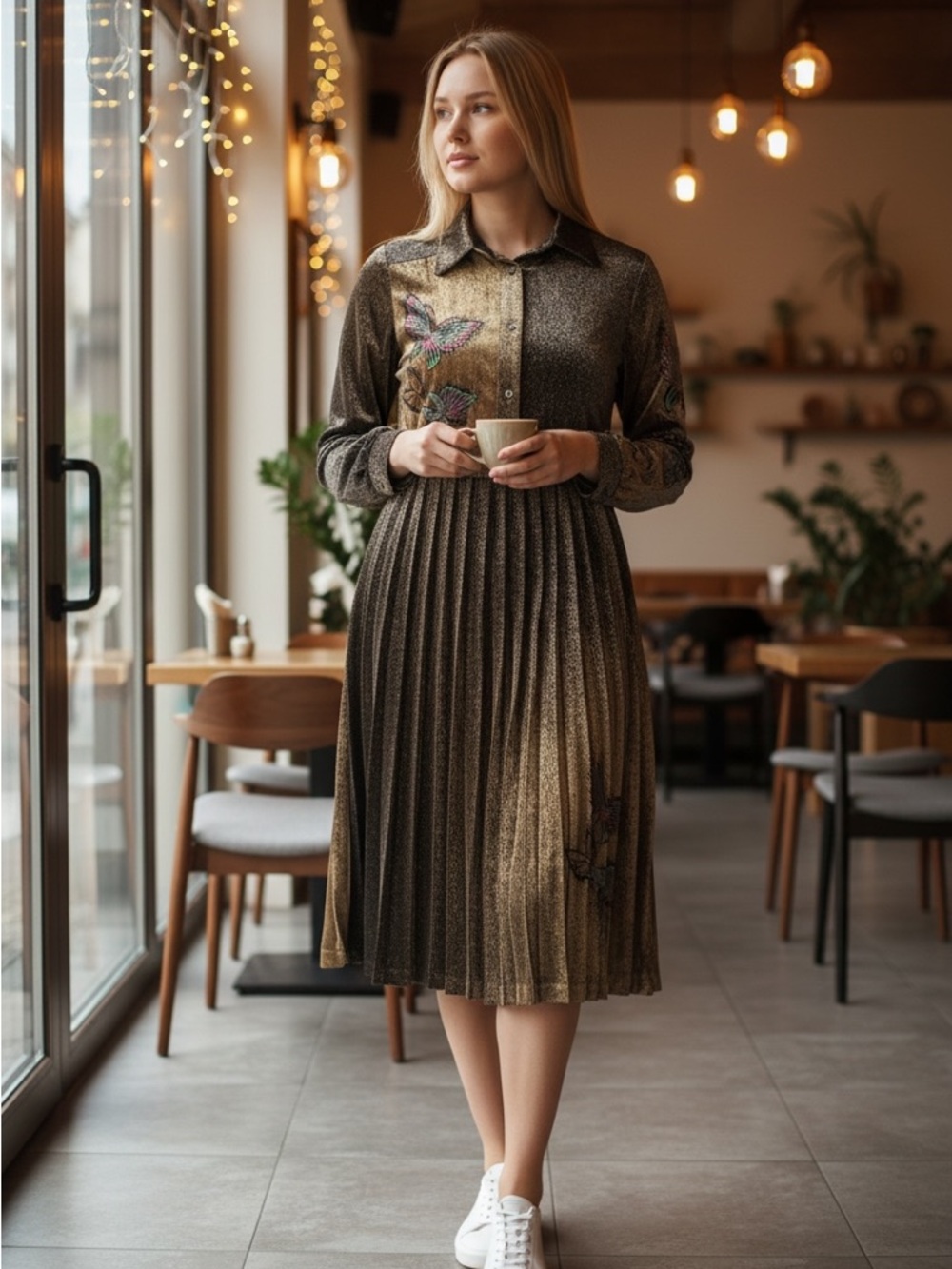 Long sleeve midi pleated brown velvet dress with metallic butterfly accents
